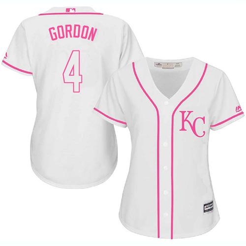 Royals #4 Alex Gordon White/Pink Fashion Women's Stitched MLB Jersey - Click Image to Close